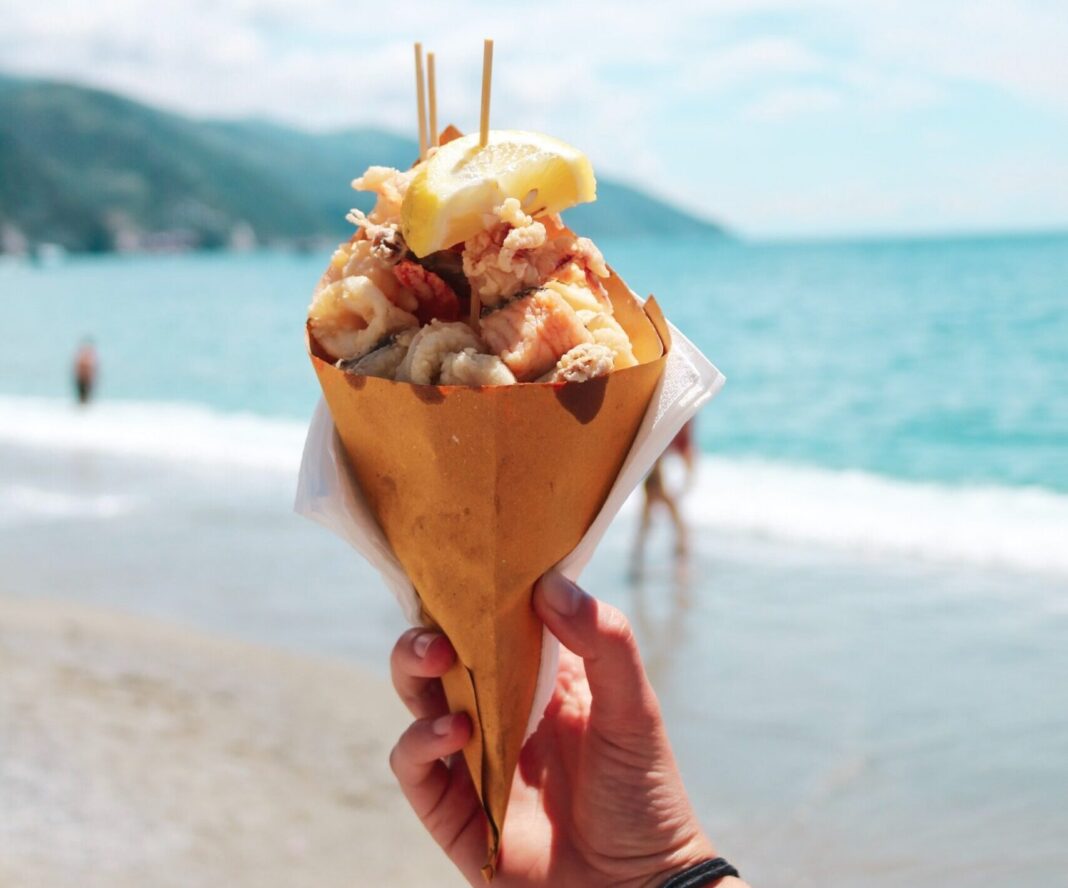 Seafood in a cone at Cinque Terre in Italy