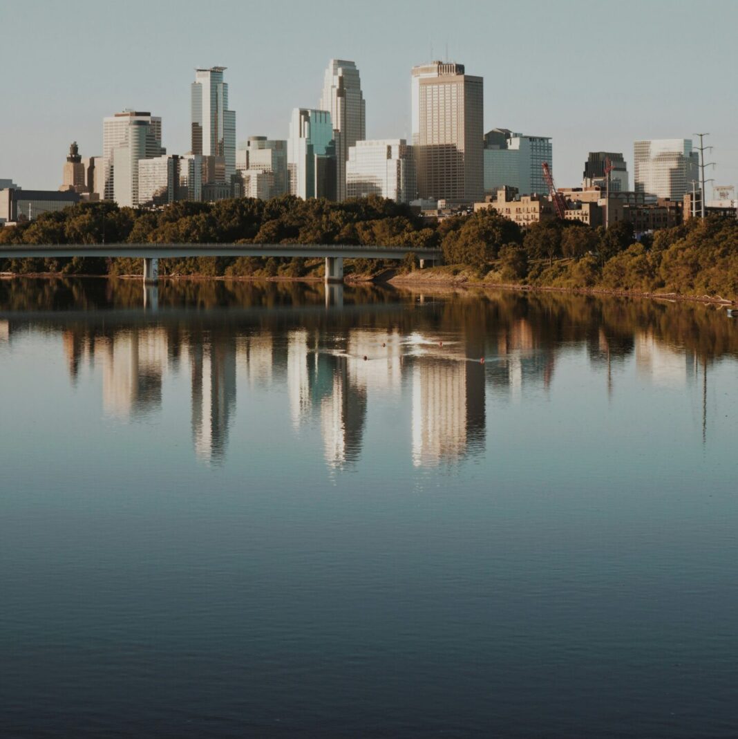 Beautiful shot of the Minneapolis, Minnesota skyline reflecting off the Mississippi River, USA.
