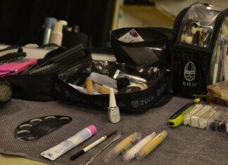 Top 3 Tips For Travelling With Makeup Makeup bag on a table with makeup products laid out